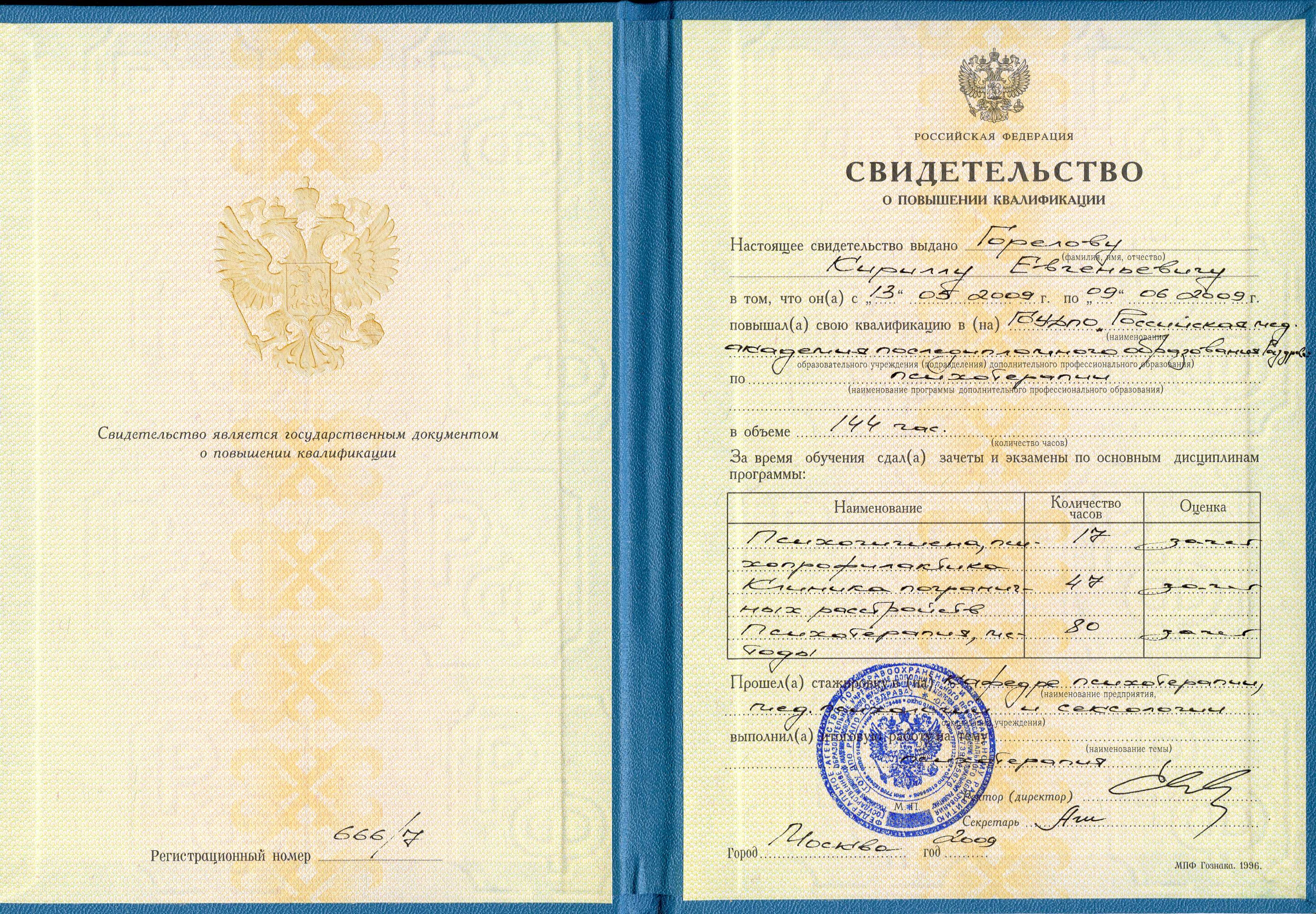 2009. Психотерапия. Психогигиена, психопрофилактика. Клиника пограничных расстройств. Психотерапия, методы. Повышение квалификации. Горелов К.Е.